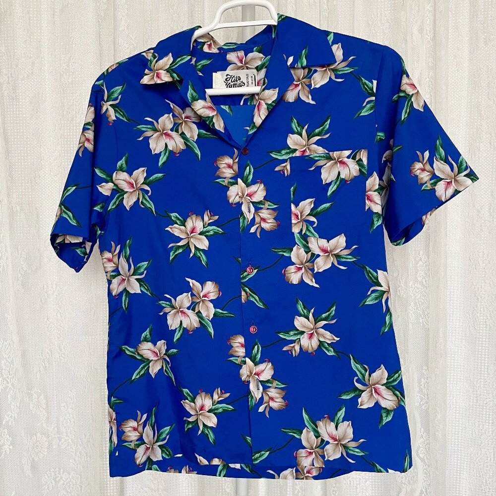 Vintage Hilo Hattie's Men's Hawaiian Shirt Large Blue Polyester Missing Buttons